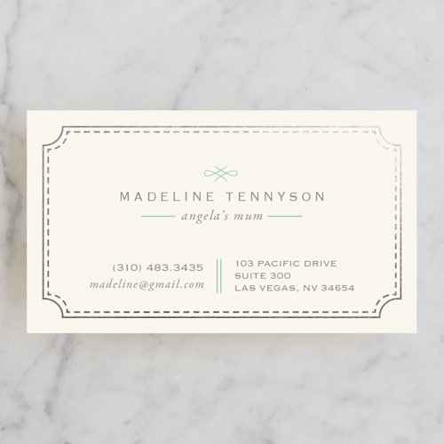 This is a pistachio business cards by chocomocacino called mina beleza printing on signature in standard