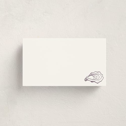 This is a eggplant blank hosting stationery with standard by Cass Loh called oyster shell printing on signature in placecard
