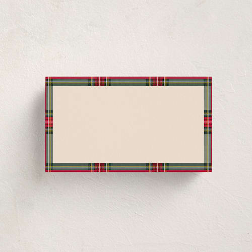 This is a classic blank hosting stationery with standard by Olivia Kanaley Inman called highland holiday printing on signature in placecard