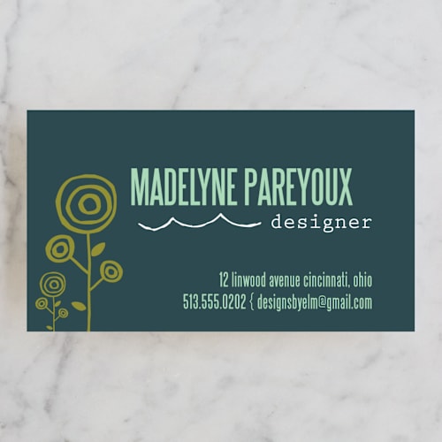 This is a mustard business cards by Betsy McElwee called riviera printing on signature in standard