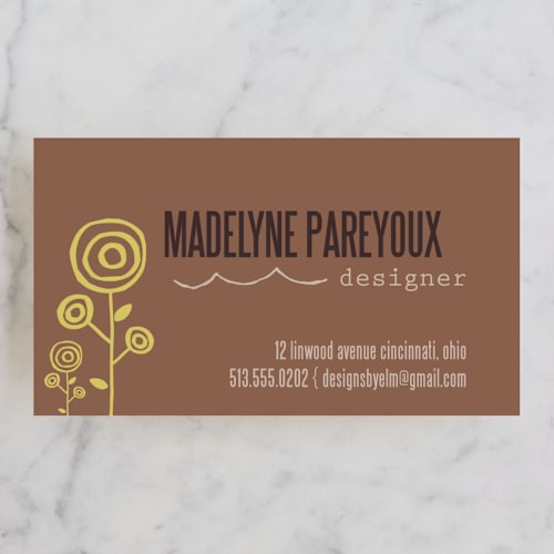 This is a brown business cards by Betsy McElwee called riviera printing on signature in standard