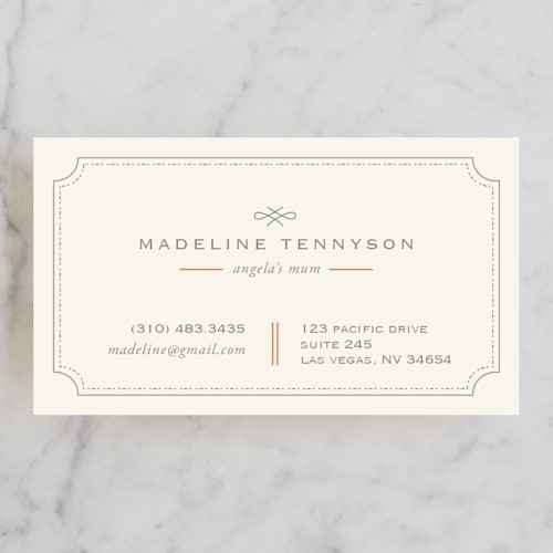This is a coral business cards by chocomocacino called mina beleza printing on signature in standard