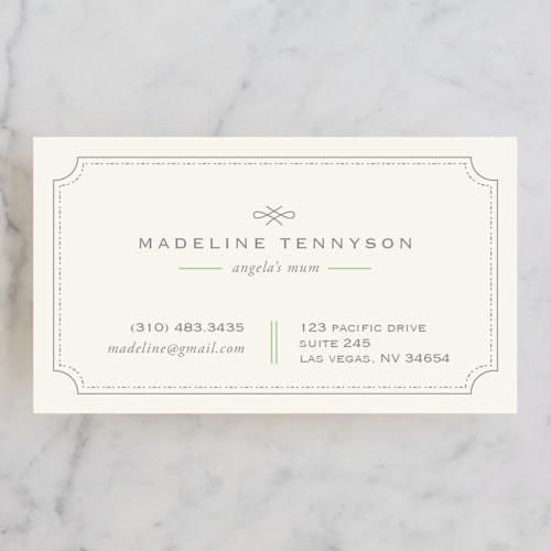 This is a pistachio business cards by chocomocacino called mina beleza printing on signature in standard