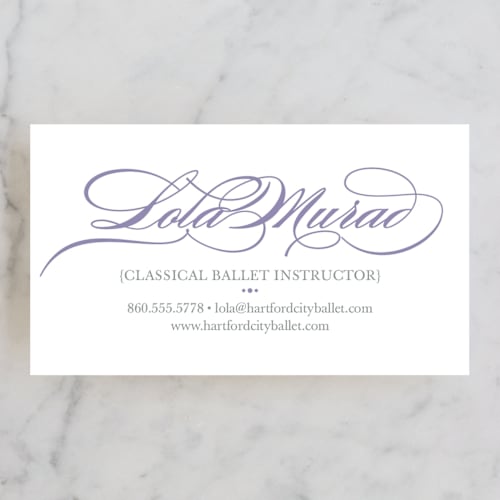 This is a lavender business cards by lena barakat called ballerina beauty printing on signature in standard