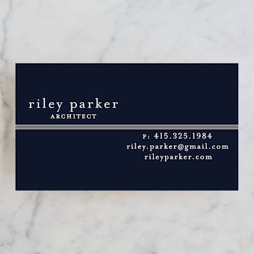 This is a navy business cards by A.C.R. called striped divide printing on signature in standard