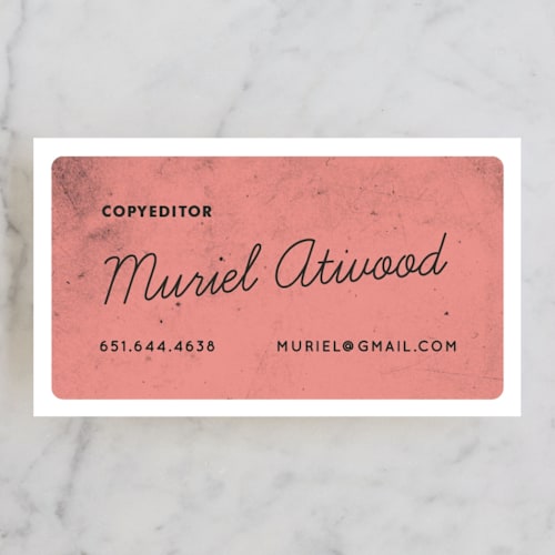 This is a pink business cards by Yours Madly called pencil pusher printing on signature in standard