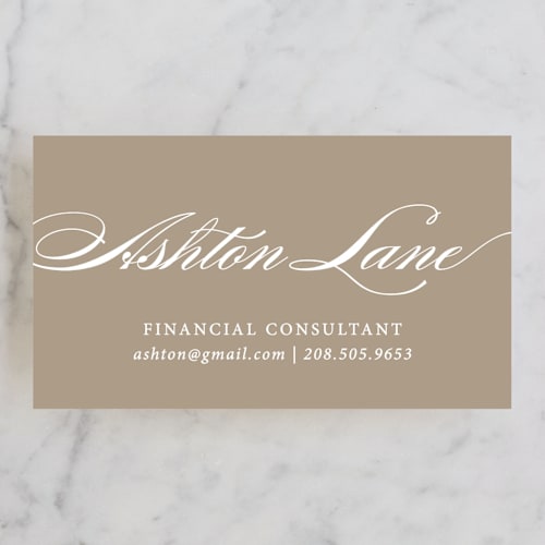This is a taupe business cards by Madeline called the sophisticate printing on signature in standard