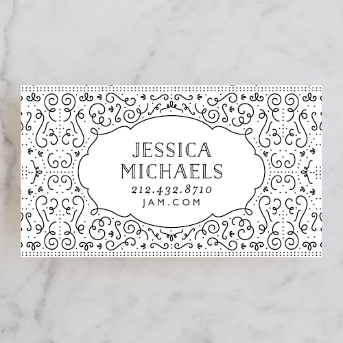 This is a ink business cards by Phrosné Barwood called glamorous deco printing on signature in standard