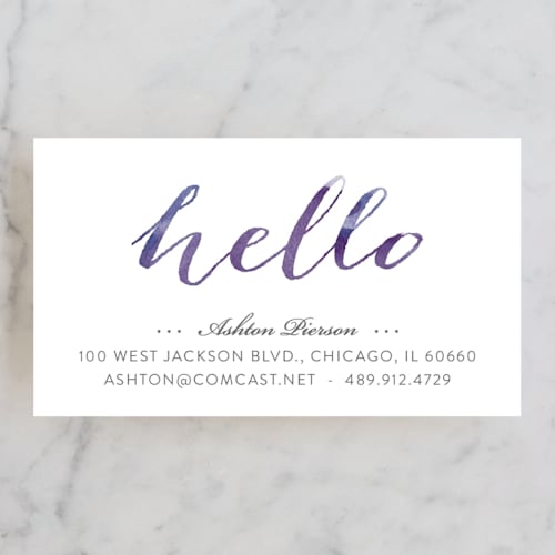 This is a lilac business cards by Erin Deegan called hello friend printing on signature in standard