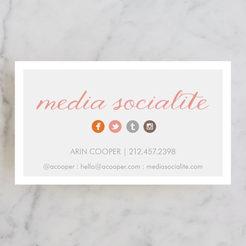 This is a sorbet business cards by Sheila Corcoran called media socialite printing on signature in standard