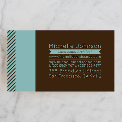 This is a chocolate business cards by Shannon Chen of Four Wet Feet Studio called mint & mauve printing on signature in standard