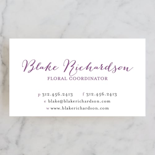 This is a grape business cards by Lehan Veenker called painted florist printing on signature in standard