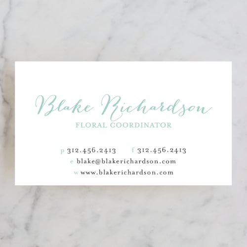 This is a seafoam business cards by Lehan Veenker called painted florist printing on signature in standard