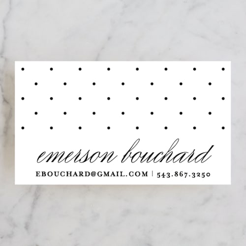This is a domino business cards by Olivia Raufman called swiss dot printing on signature in standard