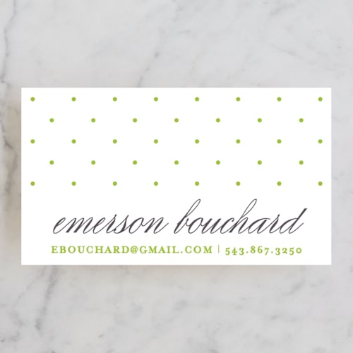 This is a lime business cards by Olivia Raufman called swiss dot printing on signature in standard