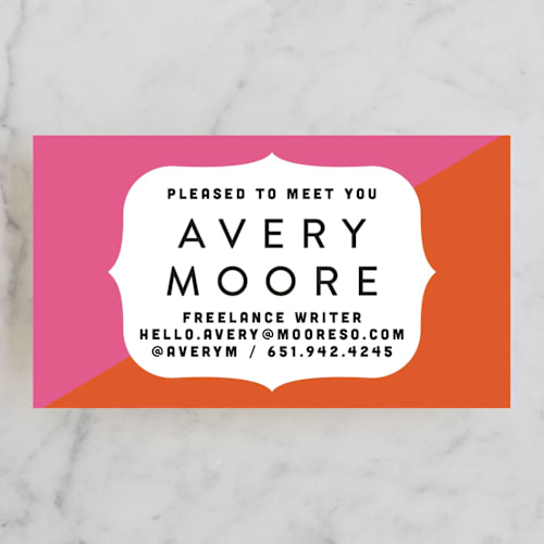This is a tangerine business cards by hi-lighter inc. called pleased as punch printing on signature in standard