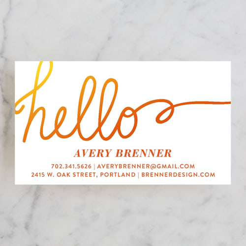 This is a tangerine business cards by Made by Wendy called gilded hello printing on signature in standard