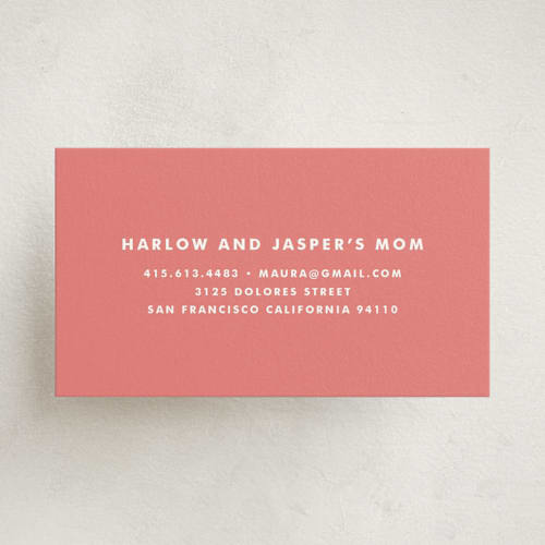 This is a pink coral business cards by Annie Clark called funfetti printing on signature in standard
