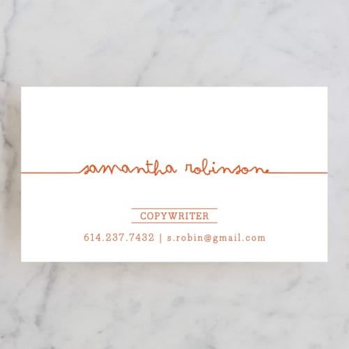 This is a tangerine business cards by Carrie ONeal called drop me a line printing on signature in standard