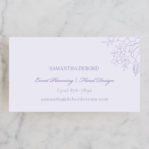 This is a lavender business cards by Kimberly FitzSimons called elegant floral printing on signature in standard