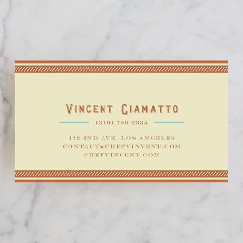 This is a cream business cards by chocomocacino called sizzling kitchen printing on signature in standard