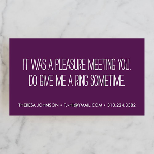 This is a plum business cards by Robert True of Waui Design called a pleasure printing on signature in standard