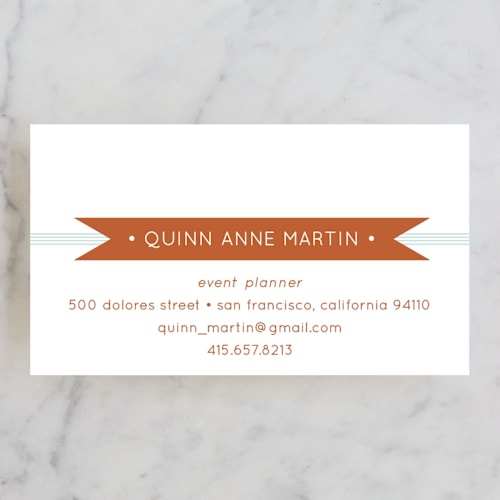 This is a tangerine business cards by Lizzy McGinn called banner + stripes printing on signature in standard