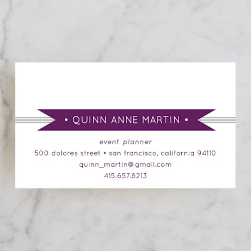This is a plum business cards by Lizzy McGinn called banner + stripes printing on signature in standard