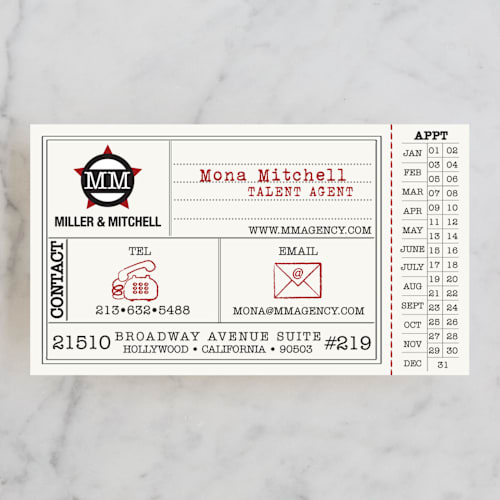 This is a crimson business cards by Erin Nelson called vintage hollywood ticket printing on signature in standard