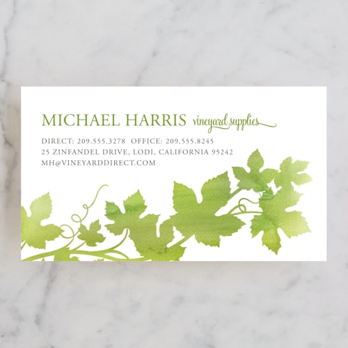 This is a grass green business cards by Jill Means called watercolor vineyard printing on signature in standard
