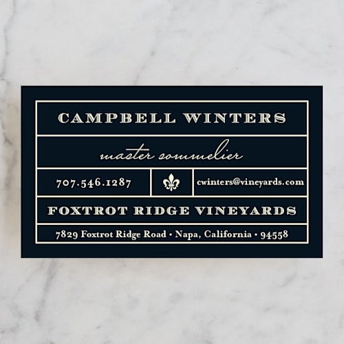 This is a navy business cards by Olivia Raufman called vintner printing on signature in standard
