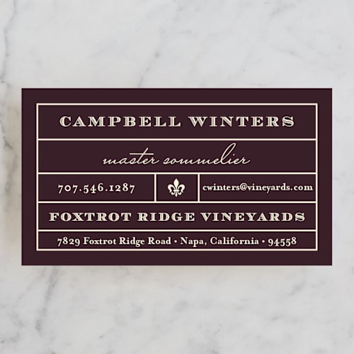 This is a merlot business cards by Olivia Raufman called vintner printing on signature in standard