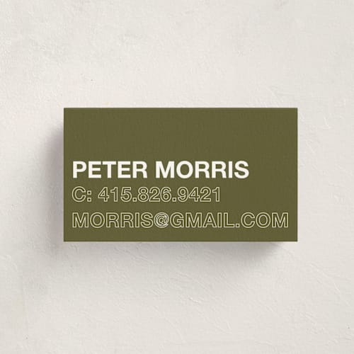 This is a olive business cards by Cleghorn Creative called be there or be square printing on signature in standard