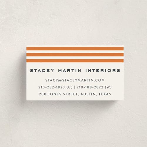 This is a tangerine business cards by Megan Davis called varsity prep printing on signature in standard