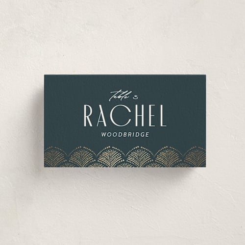 This is a teal party stationery with foil pressed by Tamara Hilje called vitrola printing on signature in placecard