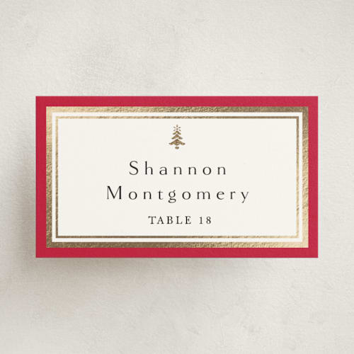 This is a poinsettia party stationery with foil pressed by Amy Kross called edged printing on signature in placecard