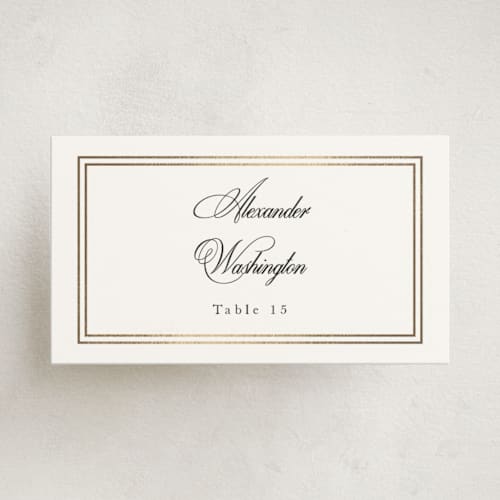This is a snow party stationery with foil pressed by Sarah Brown called traditionalist printing on signature in placecard