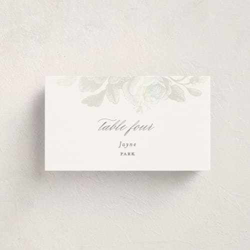 This is a the pearl wedding place cards with gloss press by Design Lotus called idyllic printing on signature in placecard