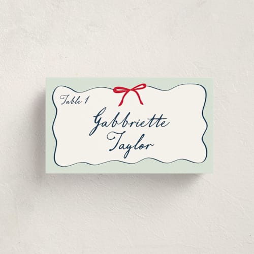 This is a teal party place cards with standard by Jennifer Lew called just because printing on signature in placecard