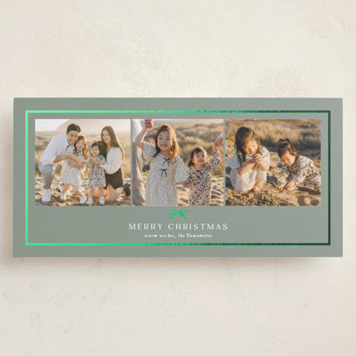 This is a balsam fir foil pressed holiday cards with foil pressed by Yaling Hou Suzuki called sweet little bow printing on recycled smooth signature in tall