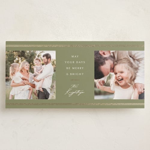 This is a sage foil pressed holiday cards with foil pressed by Melanie Kosuge called double bands printing on recycled smooth signature in standard
