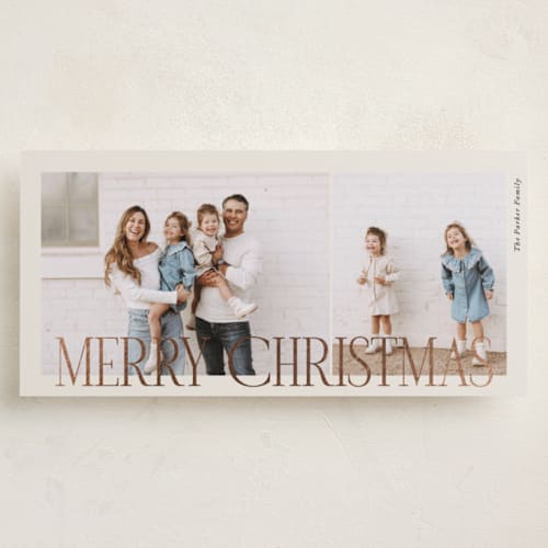 This is a eggnog foil pressed holiday cards with foil pressed by Brianne Larsen called classic & modern printing on recycled smooth signature in tall