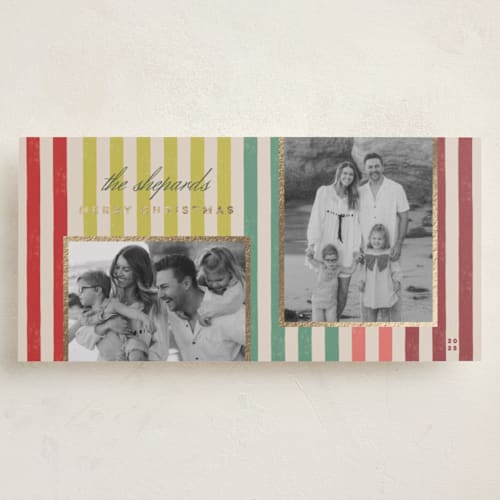 This is a chartreuse foil pressed holiday cards with foil pressed by Stacey Day called vintage stripes printing on recycled smooth signature in tall