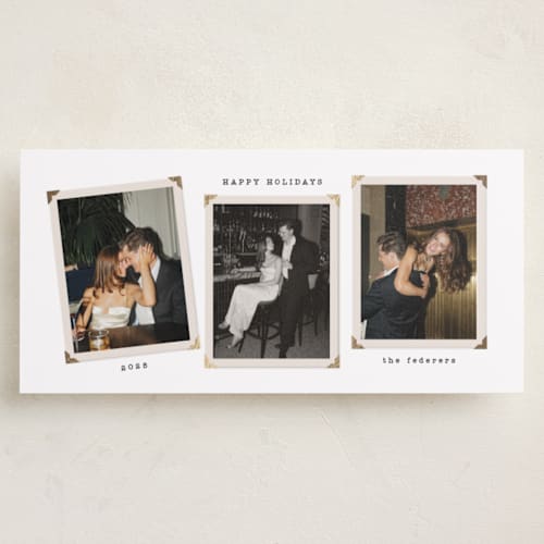 This is a snow foil pressed holiday cards with foil pressed by Tamara Hilje called vintage album printing on recycled smooth signature in tall