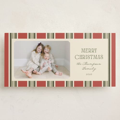 This is a berry holiday photo cards with standard by Robert and Stella called antique stripes printing on recycled smooth signature in tall
