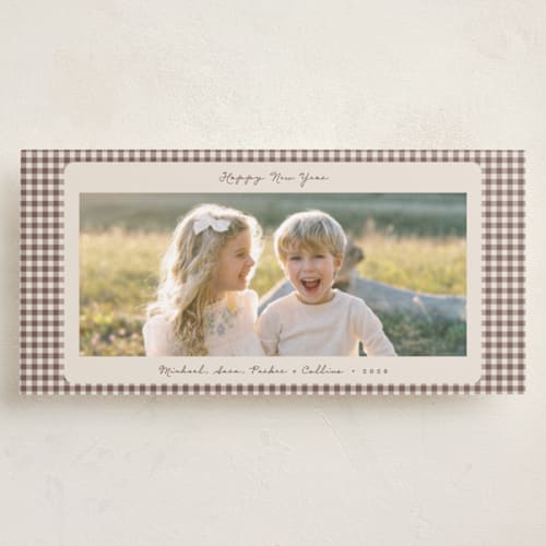 This is a gingerbread latte holiday photo cards with standard by Emily Betts called gingham vintage printing on recycled smooth signature in tall