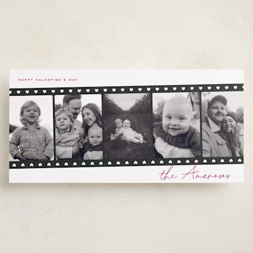 This is a pinky holiday photo cards with standard by Kamala Nahas called heartstrip five printing on recycled smooth signature in tall