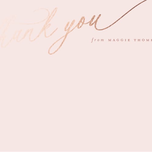 This is a dreamy pink foil stamped stationery with foil pressed by Carolyn MacLaren called elegant thanks printing on signature in 4.25x5.5