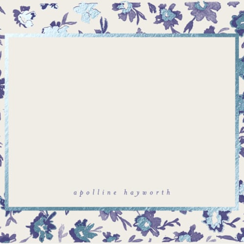 This is a indigo foil stamped stationery with foil pressed by Gwen Bedat called bleuets printing on signature in 4.25x5.5