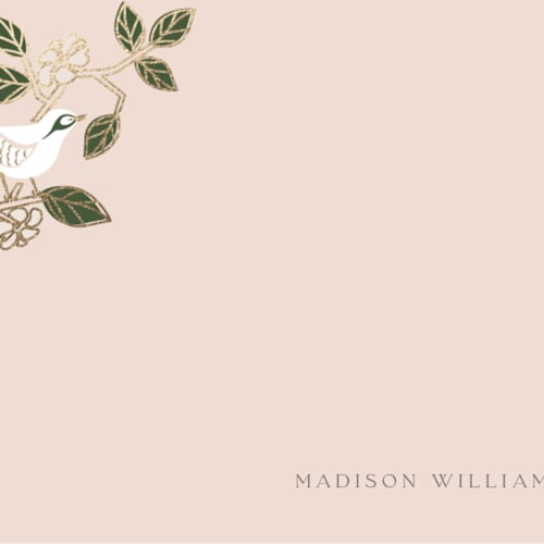 This is a champagne foil stamped stationery with foil pressed by Ana de Sousa called beautiful bird printing on signature in 4.25x5.5